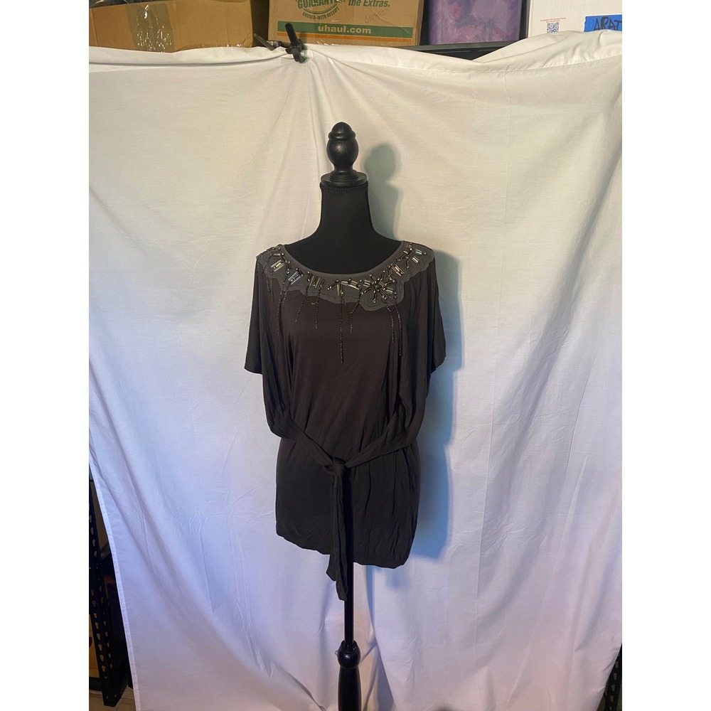 RICHMOND DENIM Embellished Neckline Gray Tunic‎ Top Tie Waist Dolman Sleeve Sz M